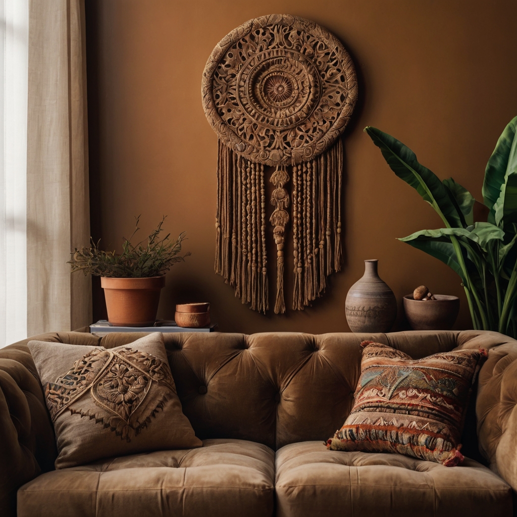 Handcrafted clay wall hanging with intricate detailing and earthy tones. Warm light enhances its uniqueness, adding character to a cozy room.