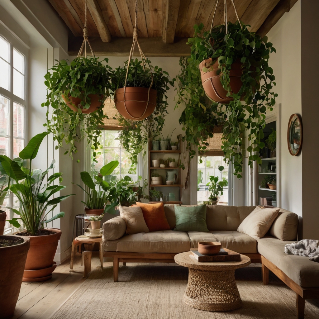A cozy room with lush greenery in hanging planters. Soft natural light filters through the window, casting gentle shadows and adding a refreshing, earthy vibe.