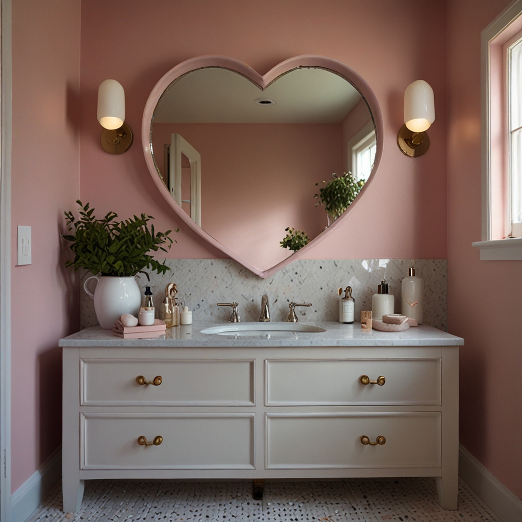 A whimsical heart-shaped mirror reflects soft light in a pastel pink bathroom. Romantic decor and cozy lighting create a unique, feminine charm.