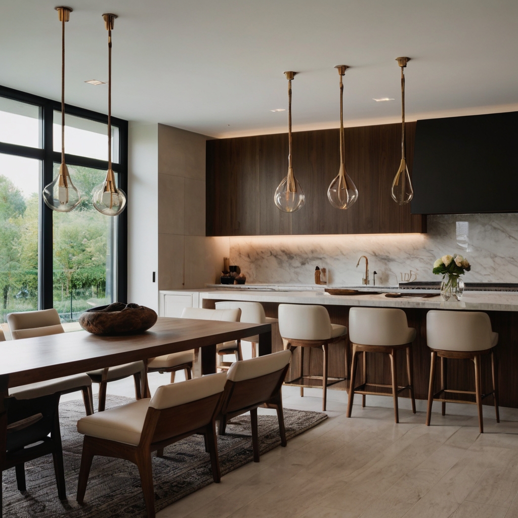 Experience luxury with high-back chairs offering both comfort and elegance. Perfect for high-end kitchens with soft lighting emphasizing sophisticated designs.