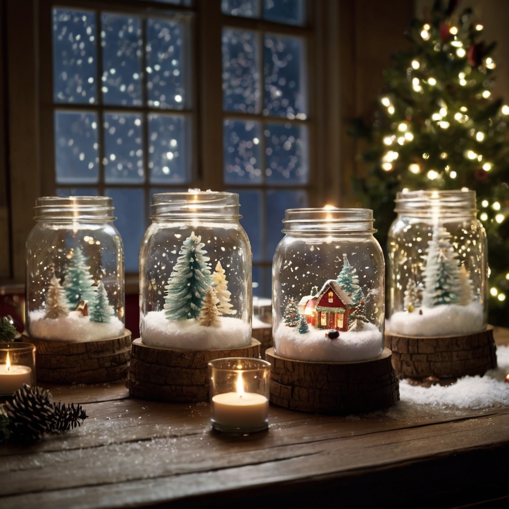 Craft mason jar snow globes for charming centerpieces that bring a delightful winter wonderland to your table.