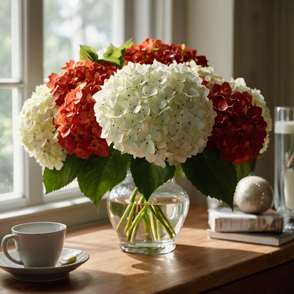Soft white and red hydrangeas used as fillers in a large festive bouquet. The setting sun gently highlights the flowers' voluminous petals, adding a sophisticated glow.