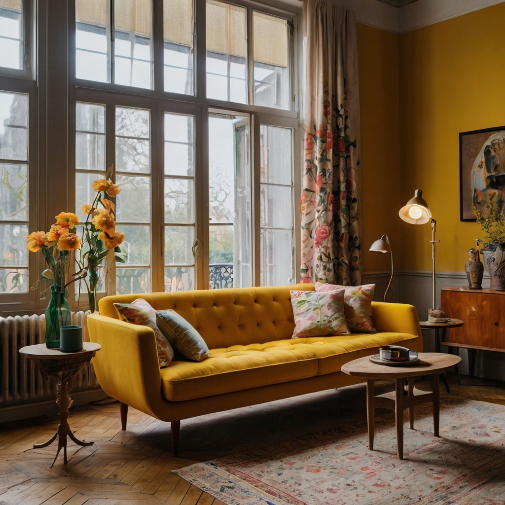 Blend retro furniture with vibrant colors to create a nostalgic yet fresh living room design.