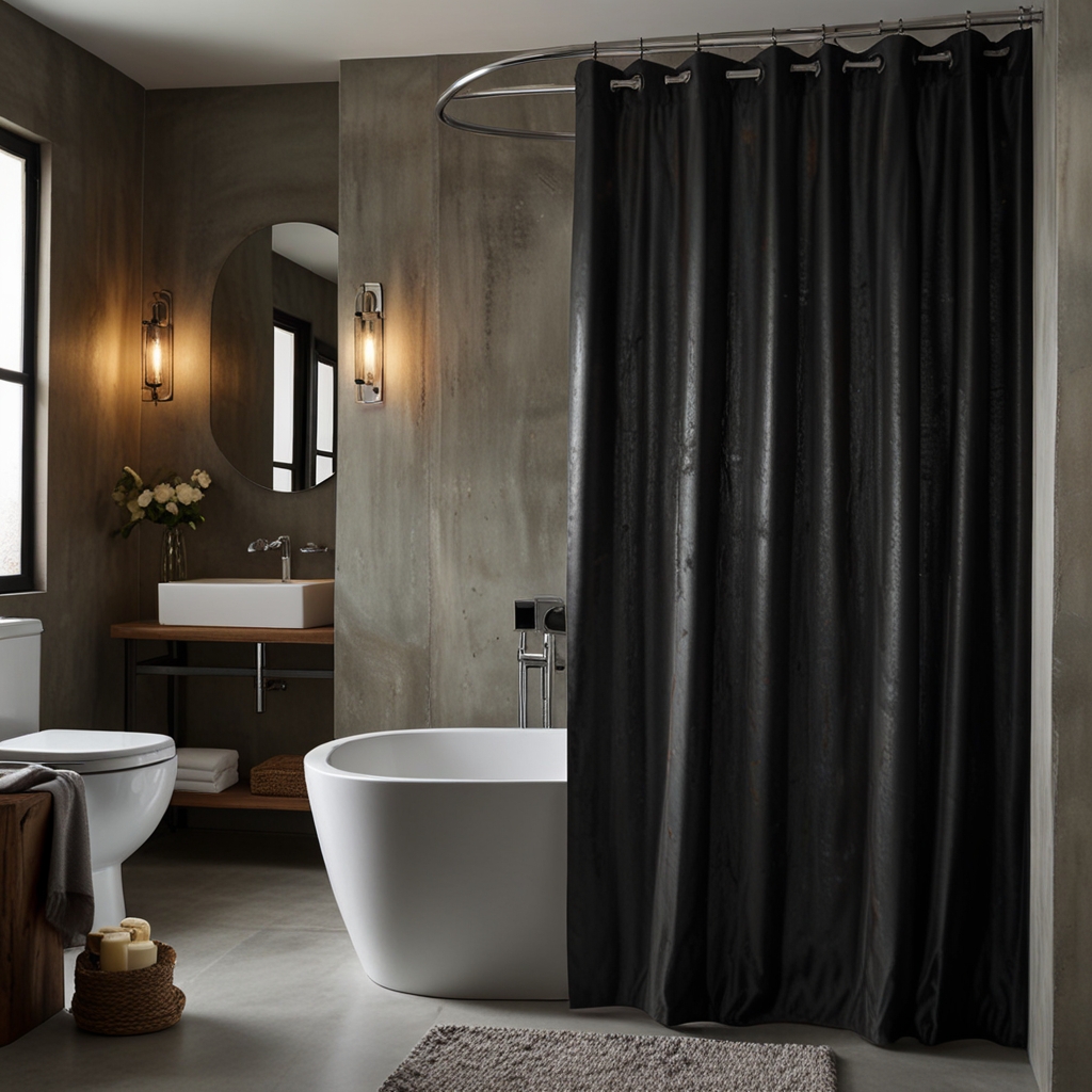 Metal tones or grunge textures in shower curtains match an industrial bathroom. Edgy lighting enhances the raw, urban aesthetic.