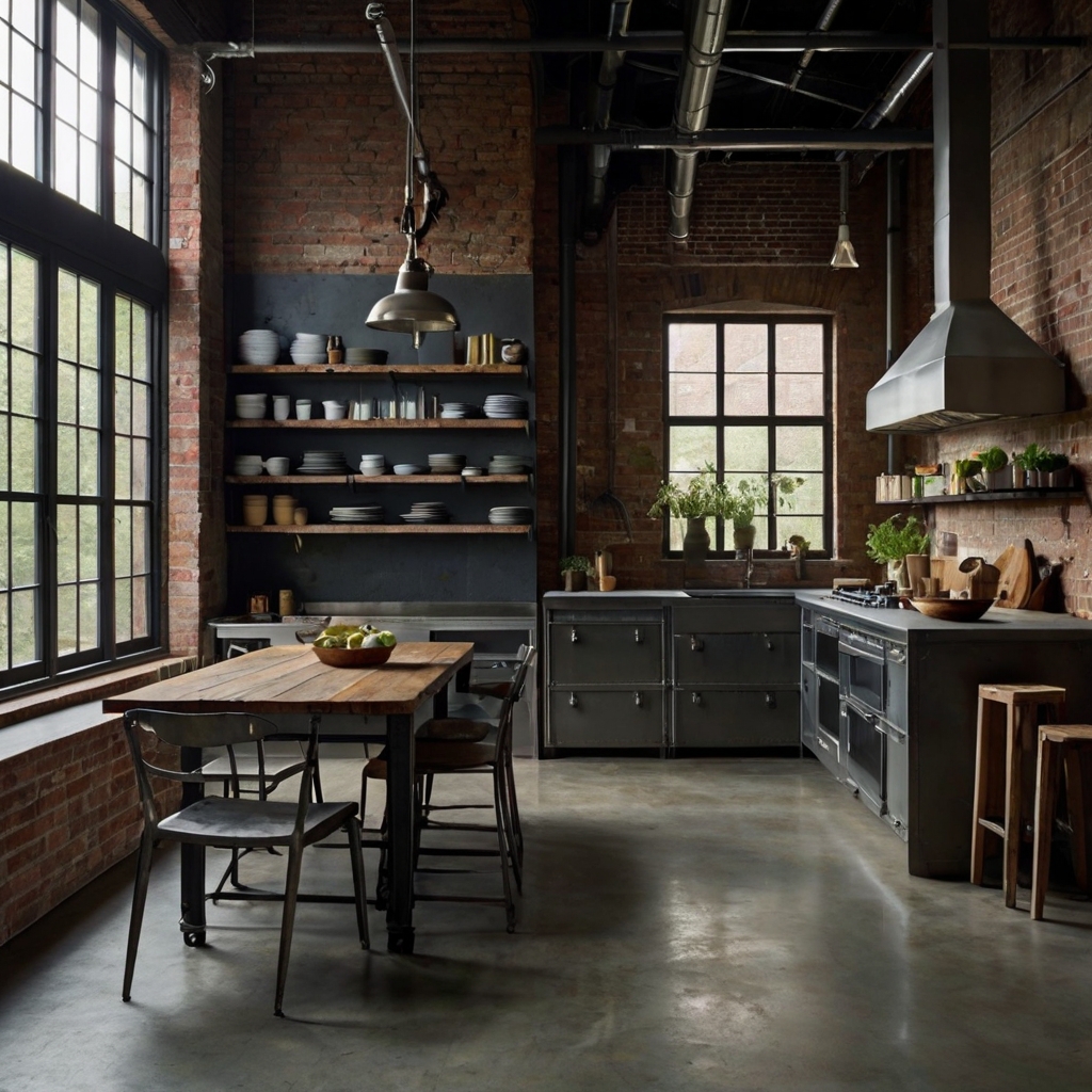 Create an urban-chic kitchen with raw steel frames and exposed rivets. Highlight the industrial style with direct lighting and natural light illuminating the design.
