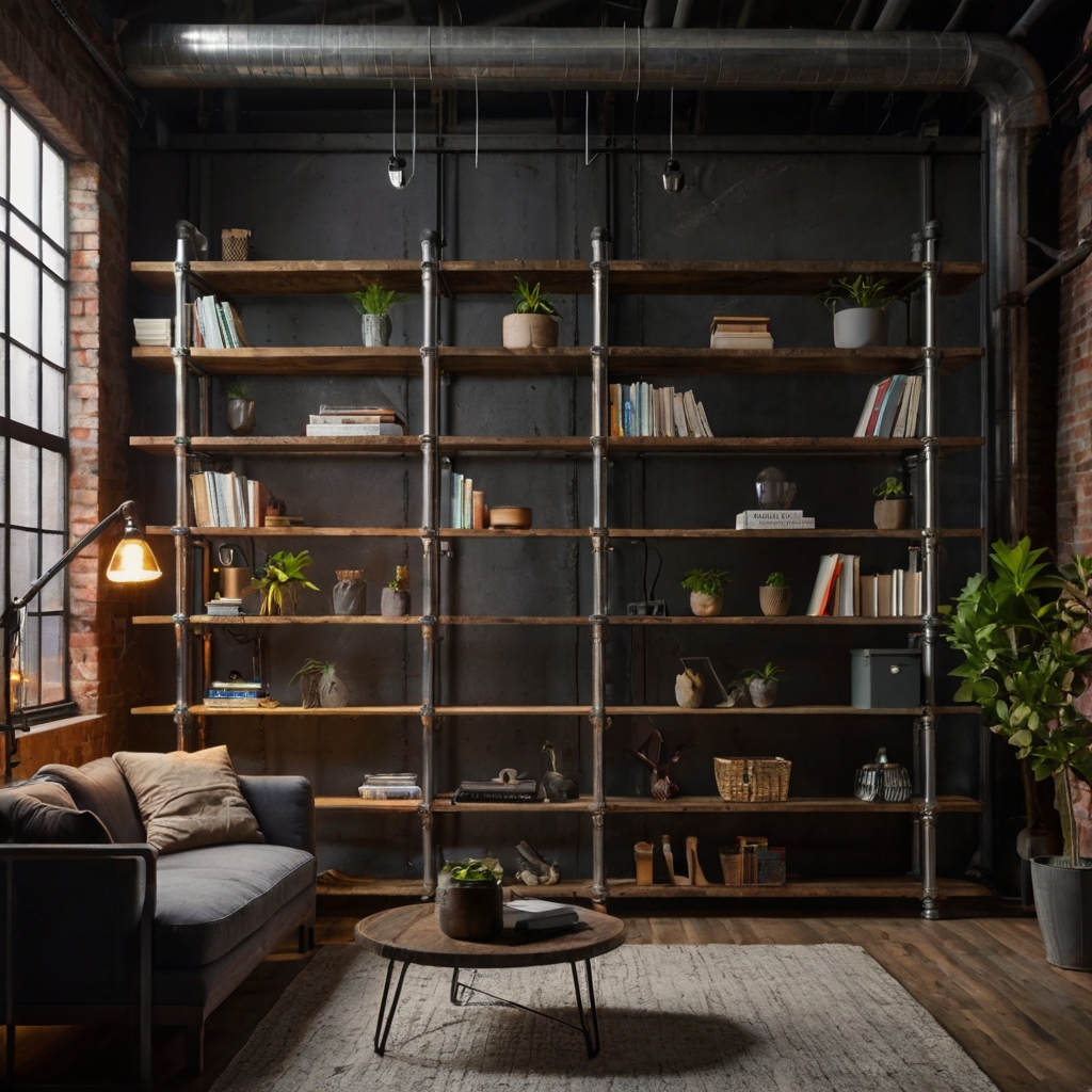 Make a statement with industrial pipe shelves, combining metal and wood for a chic edge. Perfect for modern lofts—add industrial flair to your space!