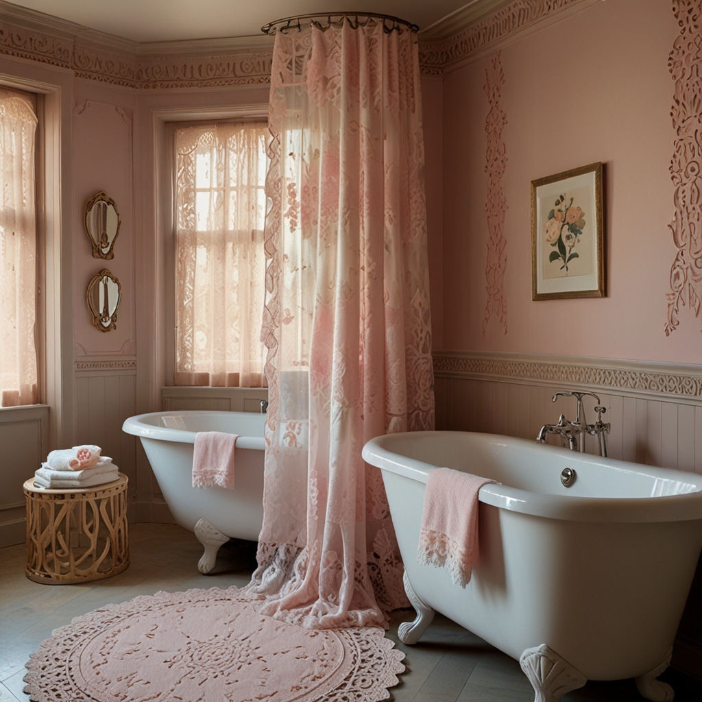 Lace accents on towels and curtains add elegance to this pastel pink bathroom. Natural light enhances the delicate textures for a warm, romantic atmosphere.