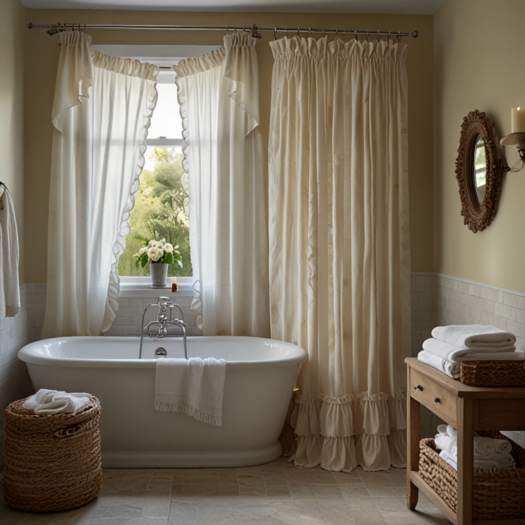 Soft, cascading ruffle shower curtains in delicate fabrics add a romantic touch. Gentle lighting enhances the dreamy, feminine vibe.

