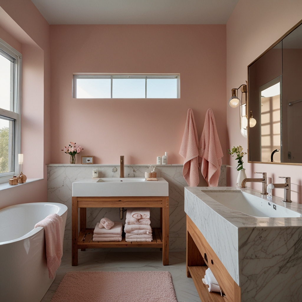 Plush pink towels brighten a sleek bathroom with white fixtures and soft light. The pastel tones add warmth and a feminine touch to the serene design.