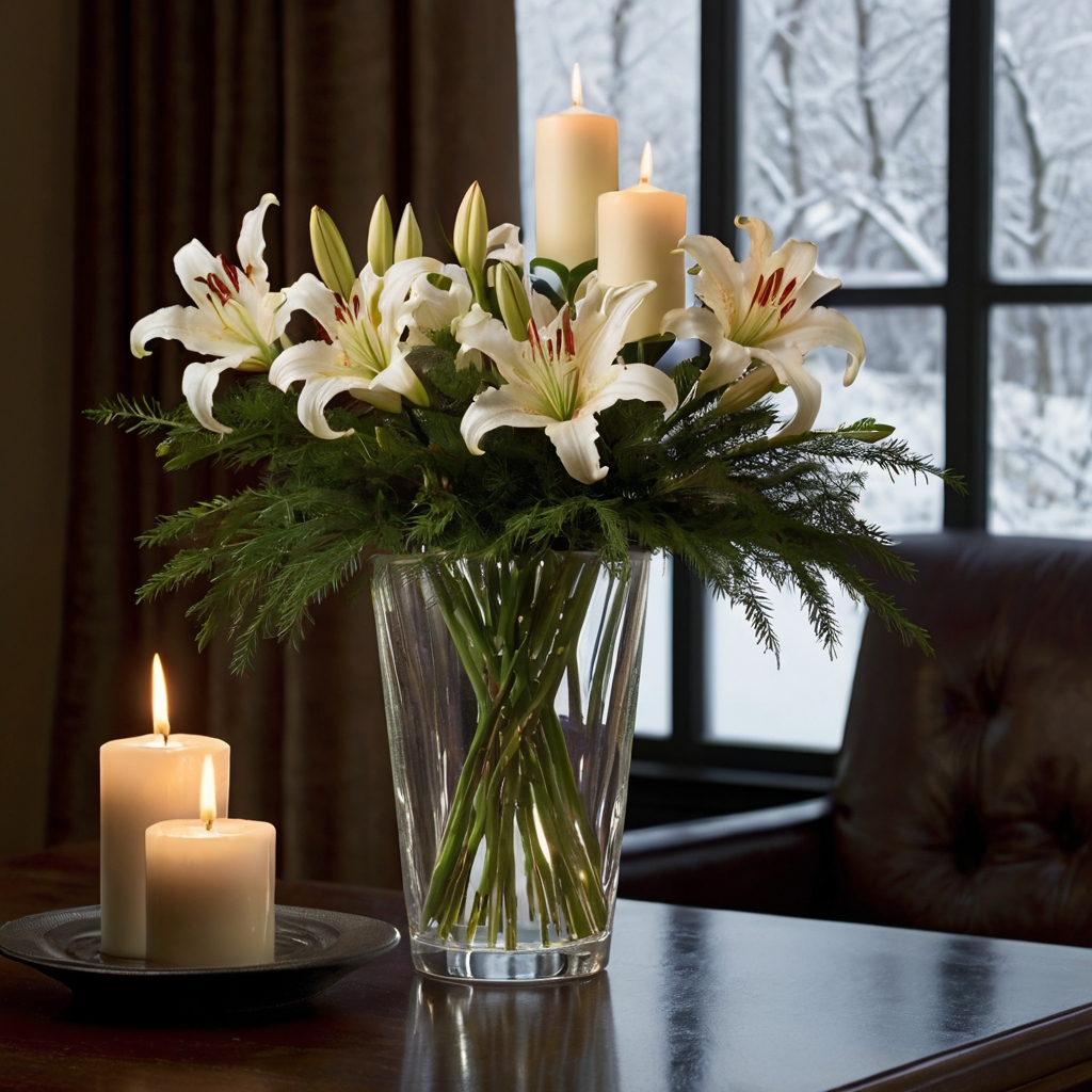 Elegant white lilies surrounded by evergreens, softly lit by ambient holiday lights. The serene glow enhances the timeless beauty and purity of the flowers.