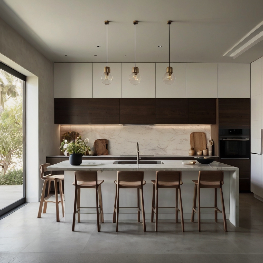 Low-profile stools in minimalist kitchens provide a sleek and simple look. Embrace calm simplicity with diffused lighting and neutral tones in your design.