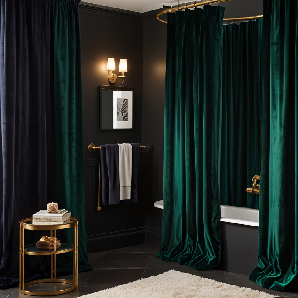 Indulge in luxury with velvet shower curtains in jewel tones. Soft, intimate lighting creates an opulent, sophisticated bathroom.