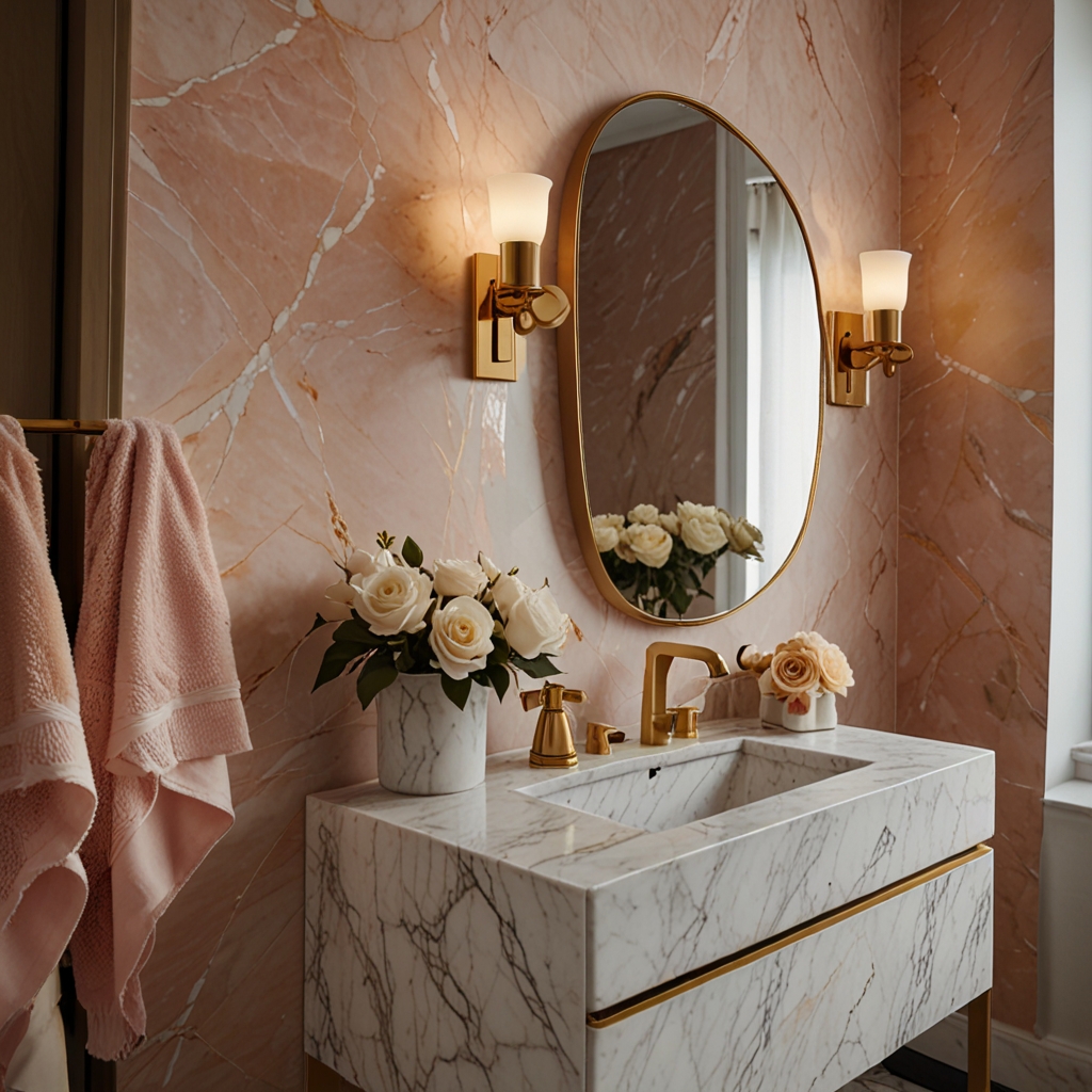 A luxurious marble sink pairs seamlessly with a gleaming gold faucet, exuding sophistication. Warm light enhances blush pink walls and fresh flowers for a chic atmosphere.