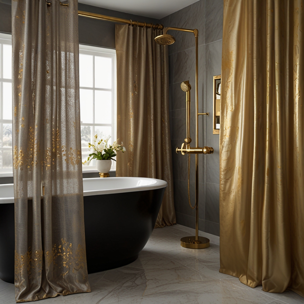 Create a glamorous bathroom with metallic-accented shower curtains. Bright lighting makes the gold or silver shine and adds sophistication.