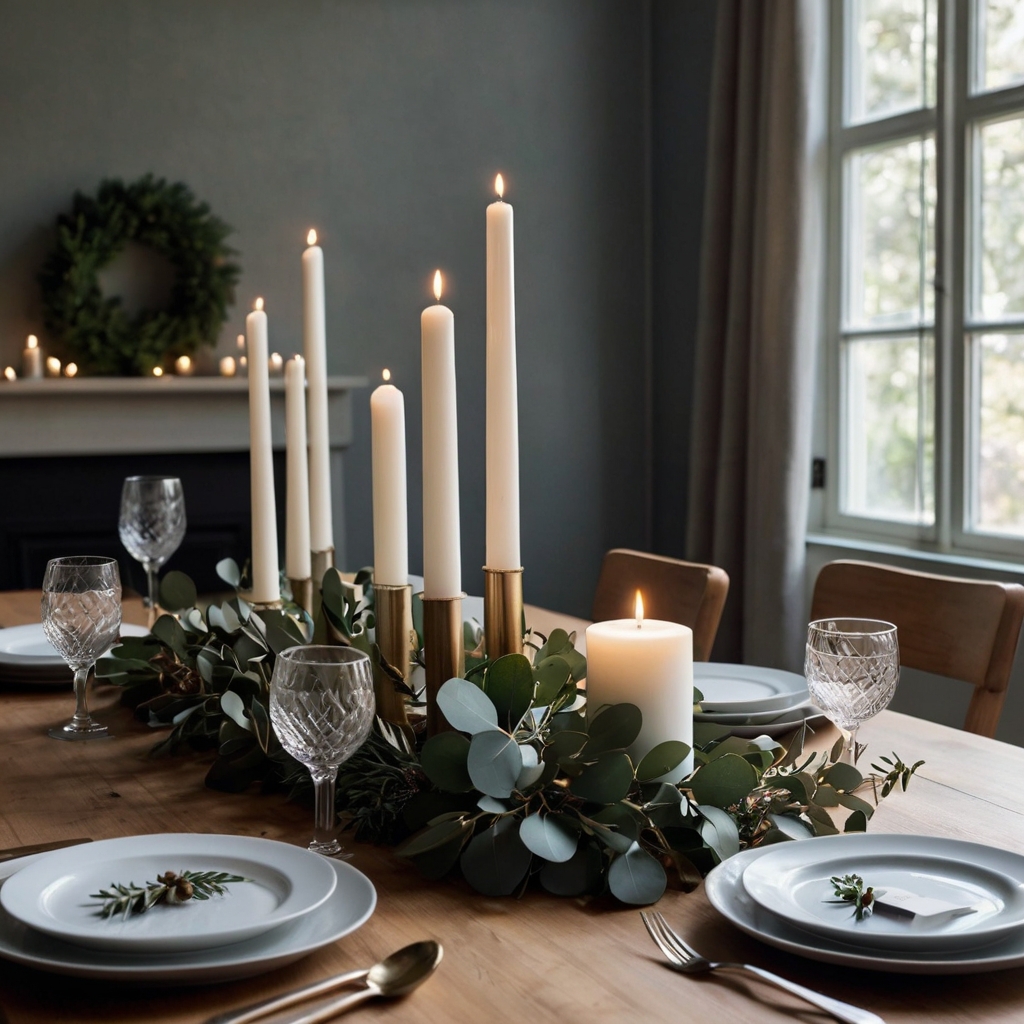 Embrace simplicity with neutral tones, clean lines, and eucalyptus sprigs for a serene, elegant holiday table.