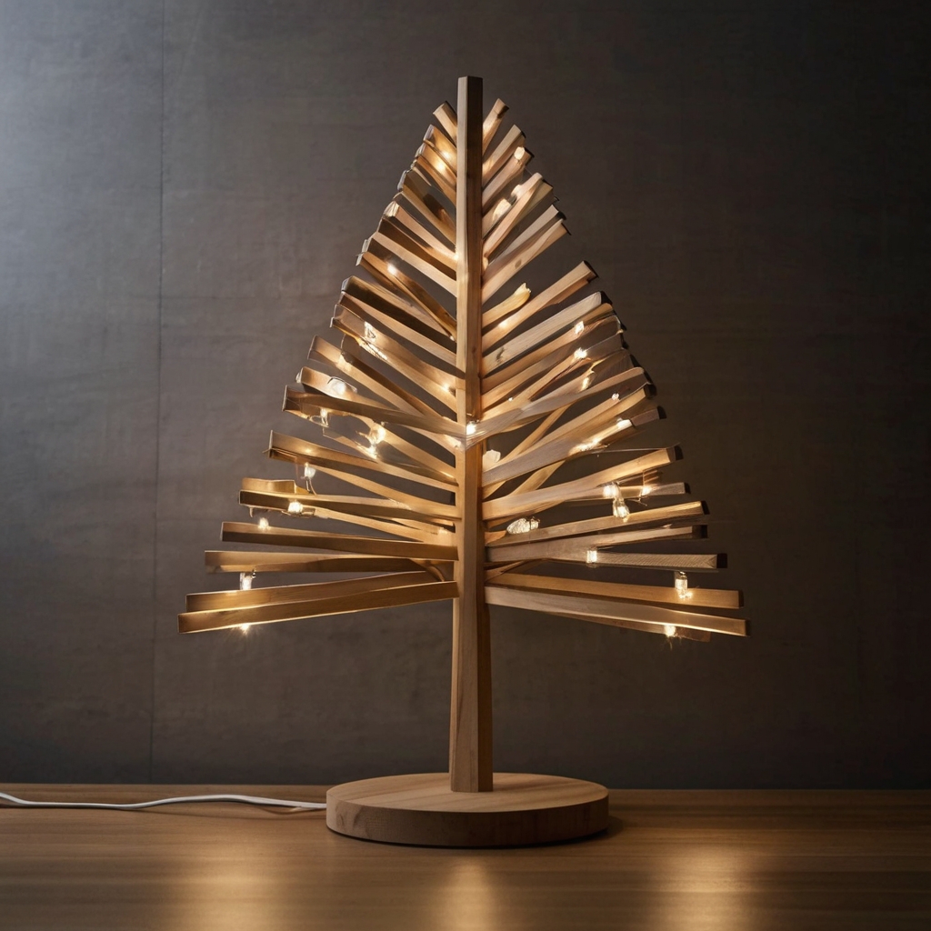 A sleek, minimalist wooden tree illuminated by fairy lights brings modern simplicity to your holiday decor. Explore our collection for more stylish, simple designs!