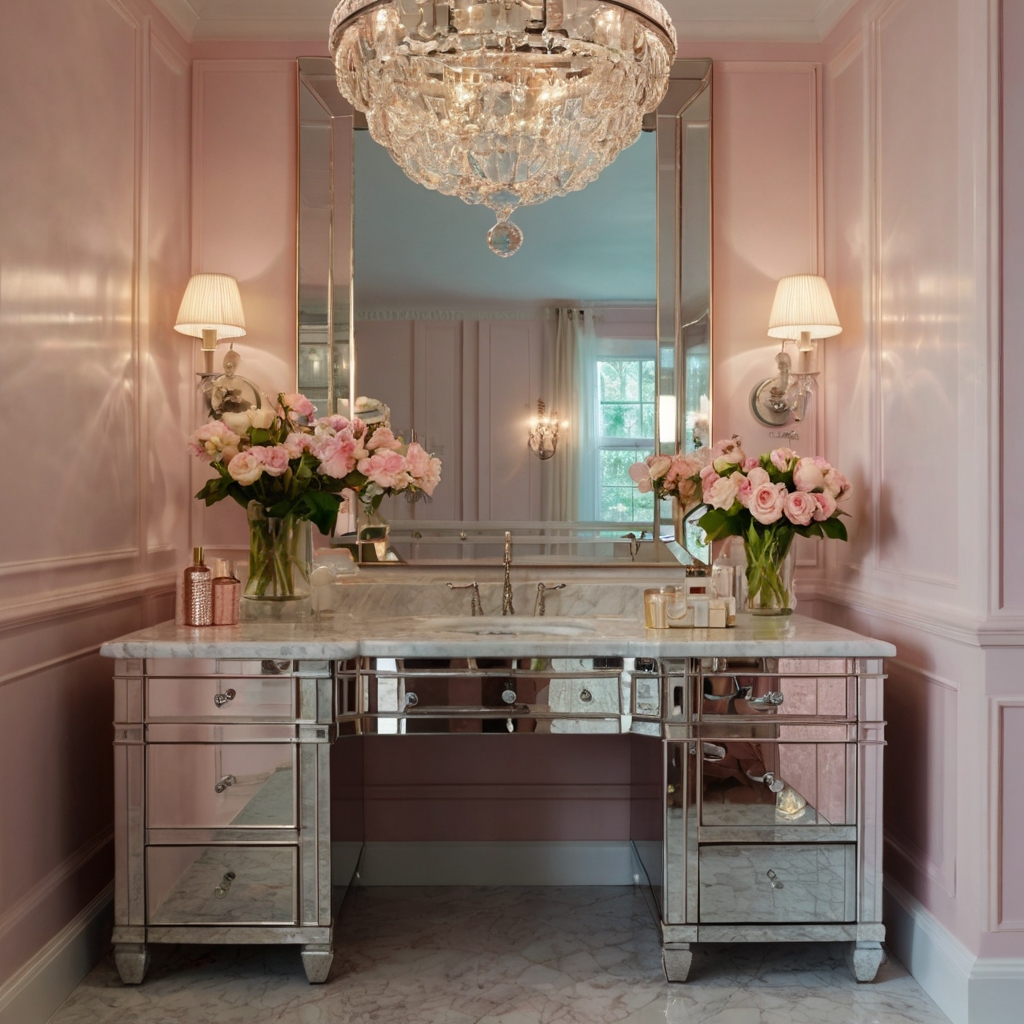 A mirrored vanity reflects soft chandelier light, creating an open, glamorous feel. Blush pink walls and fresh flowers add warmth to the sophisticated marble setting.