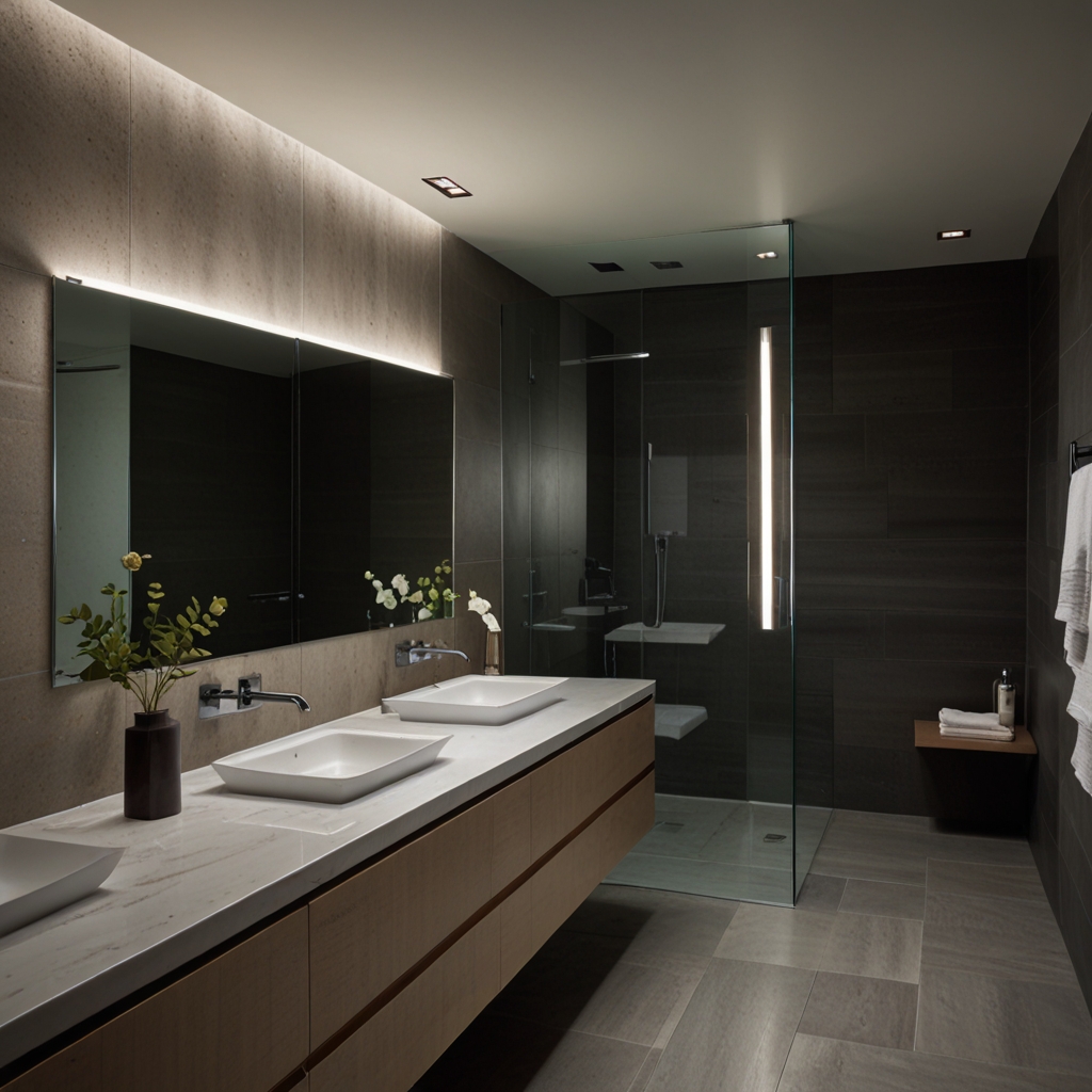 Enhance your bathroom with sleek, modern linear lights, providing clean, even illumination for a minimalist look.