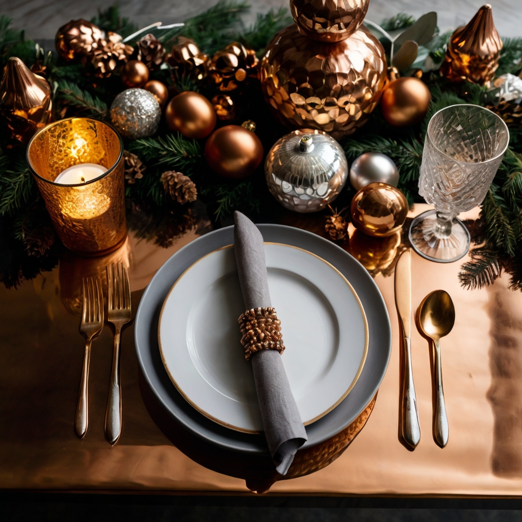 A bold table with metallic accents in copper, gold, and silver. Focused lighting enhances the shiny, modern look.