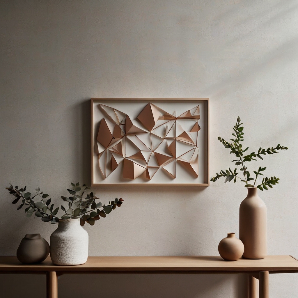 Sleek matte clay wall hanging with minimalist geometric patterns. Soft lighting accentuates its smooth texture and modern sophistication.