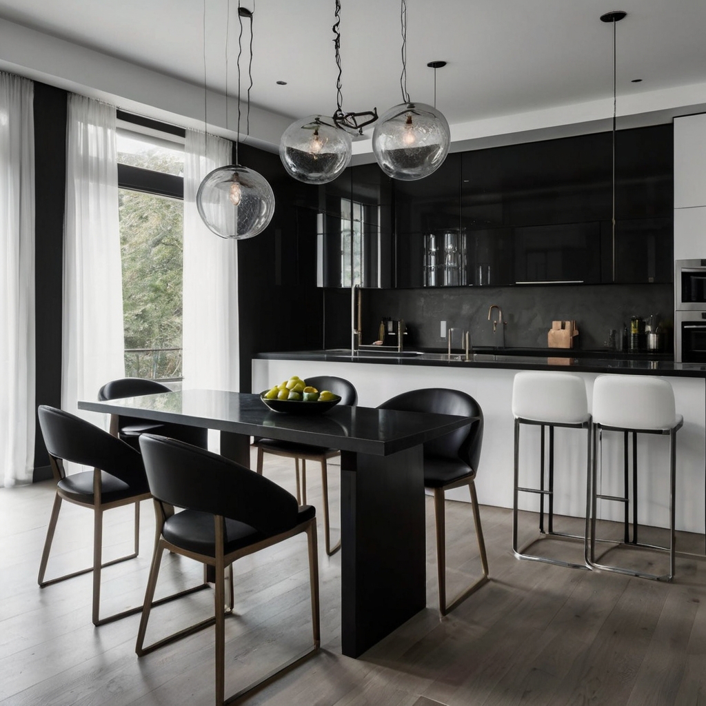 Create a chic, coordinated kitchen with sleek monochrome island chairs. Bright, even lighting highlights the minimalist design for a modern, clean aesthetic.