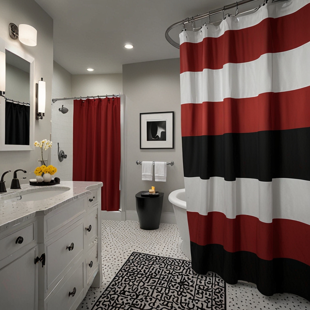 Black-and-white shower curtains paired with colorful accents create a trendy look. Focused lighting highlights the contrast and vibrant colors.