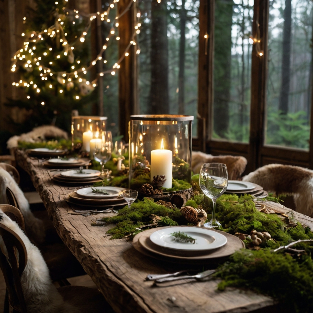 Incorporate bark slices, fresh greenery, and soft lighting for a rustic woodland-inspired holiday table.