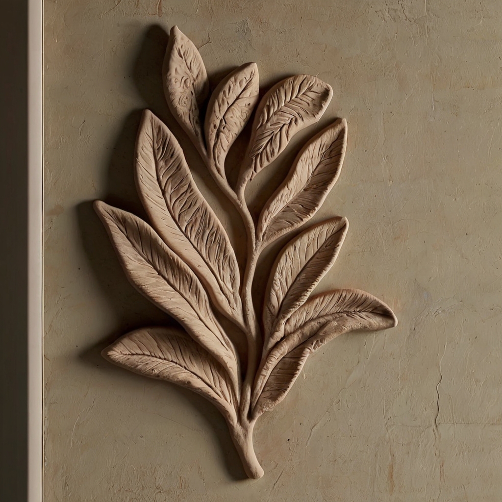 Nature-inspired clay wall hanging with delicate leaf and flower designs. Diffused sunlight brings tranquility and warmth to any space.