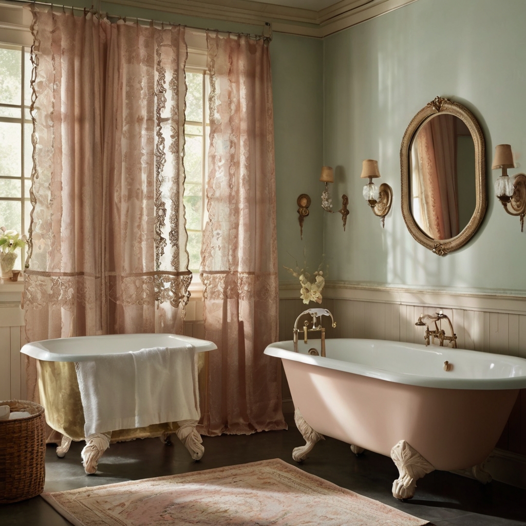 Vintage charm meets modern comfort with soft pastel shower curtains and lace details. Create a timeless, cozy bathroom space.