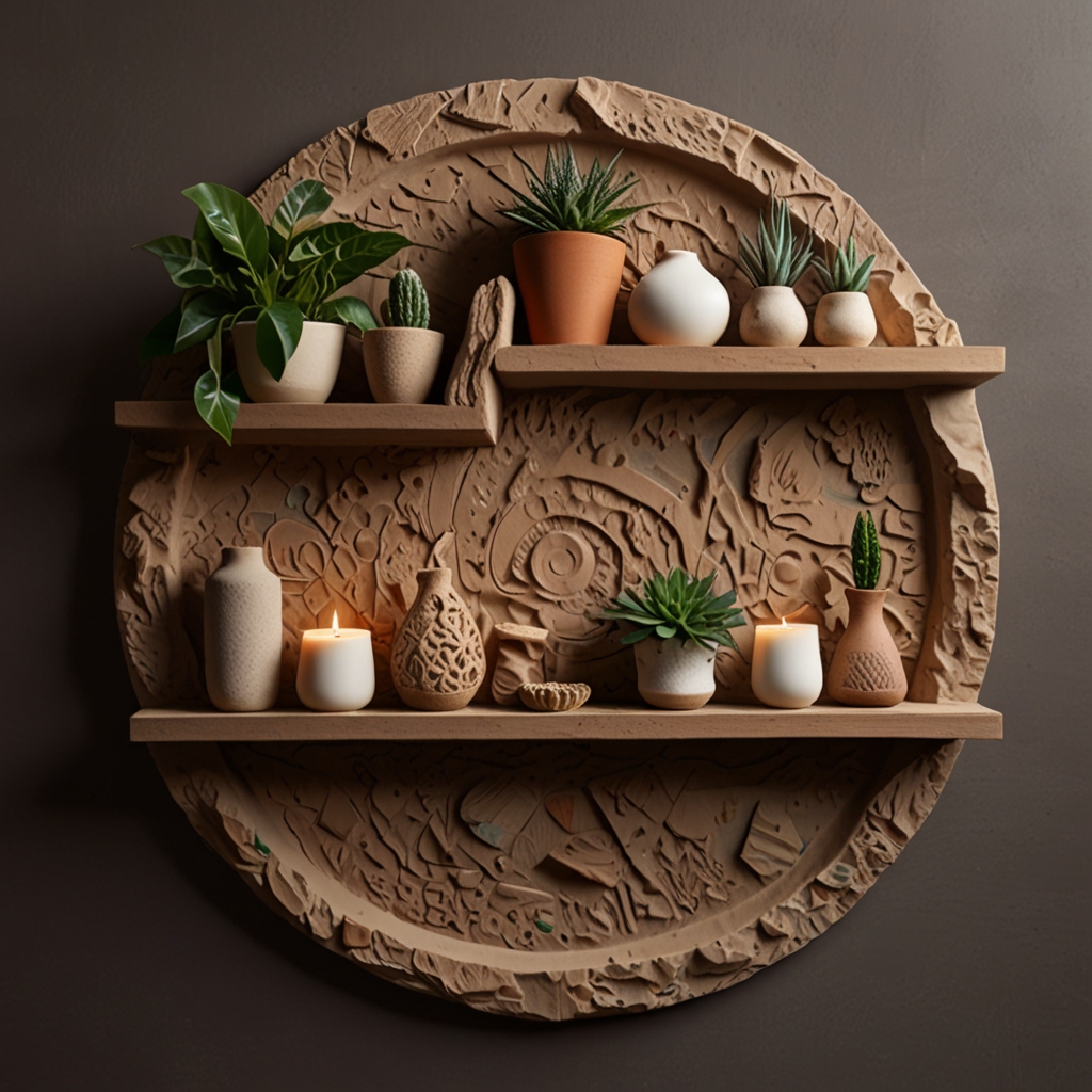 Raw organic clay wall hangings with a mix of smooth and rough textures. Warm light highlights their natural, earthy vibe, connecting to nature.