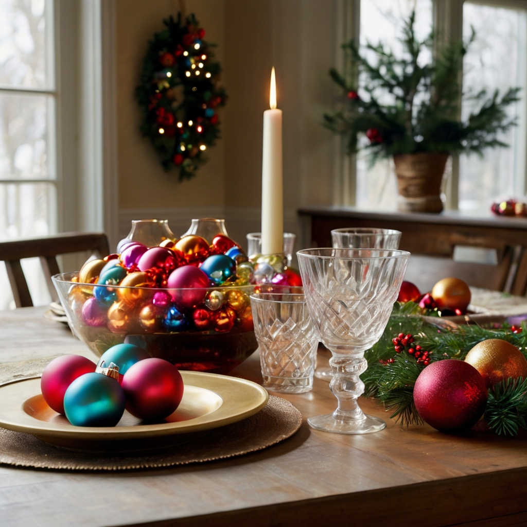 Fill bowls with colorful baubles and scatter ornaments for a quick, festive centerpiece that adds sparkle.