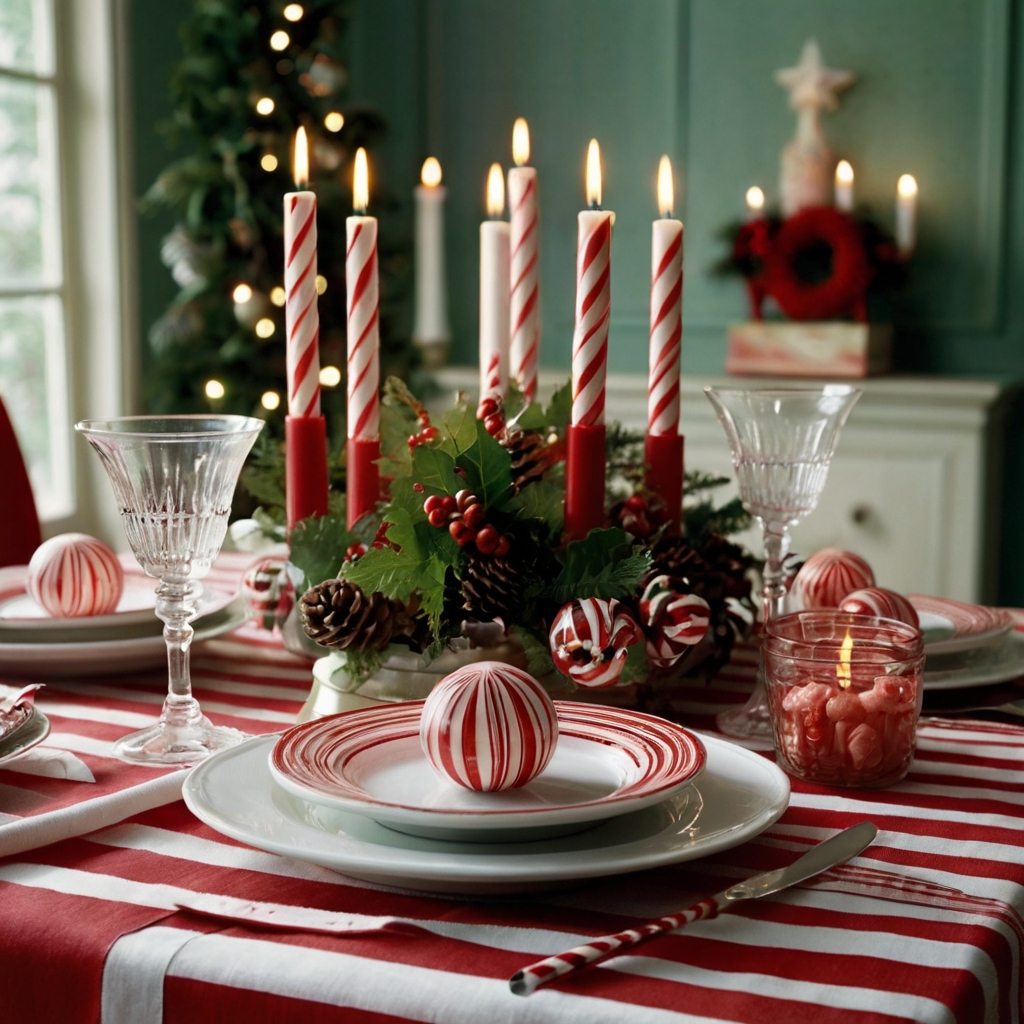 Feature peppermint-striped decor and candy-inspired centerpieces for a fun, sweet holiday setting.