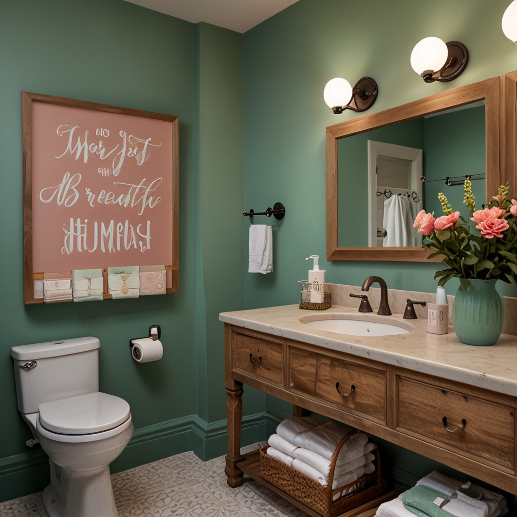 A wooden sign above a pastel vanity adds a cozy, customized touch. Warm lighting and monogrammed accessories complete this personal, welcoming space.