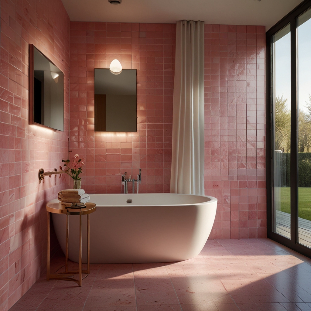 Gradient pink tiles from blush to rose reflect natural light for a bold, inviting look. White fixtures and chrome details add modern balance to the girly design.