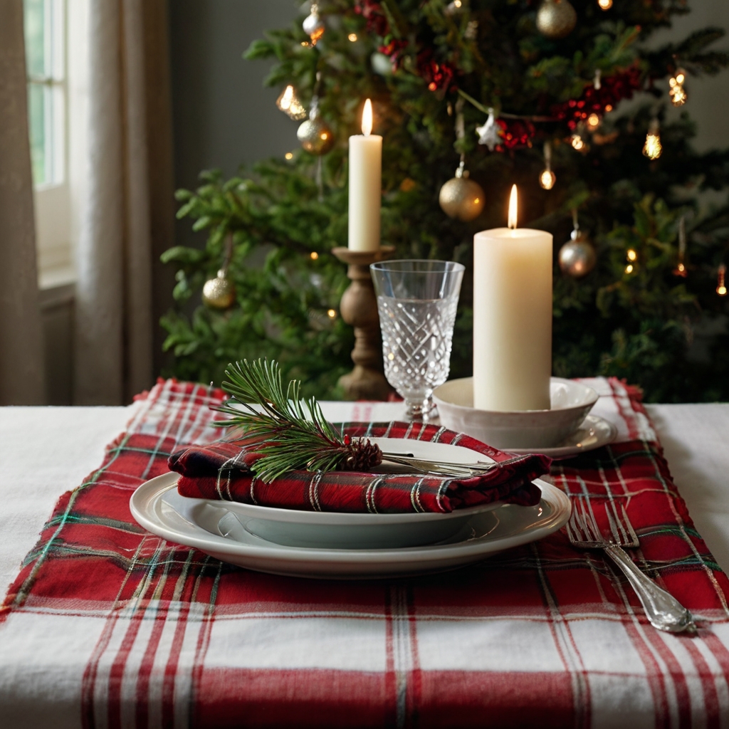 Layer a tartan tablecloth with coordinating napkins and small pine sprigs for a cozy, festive look.