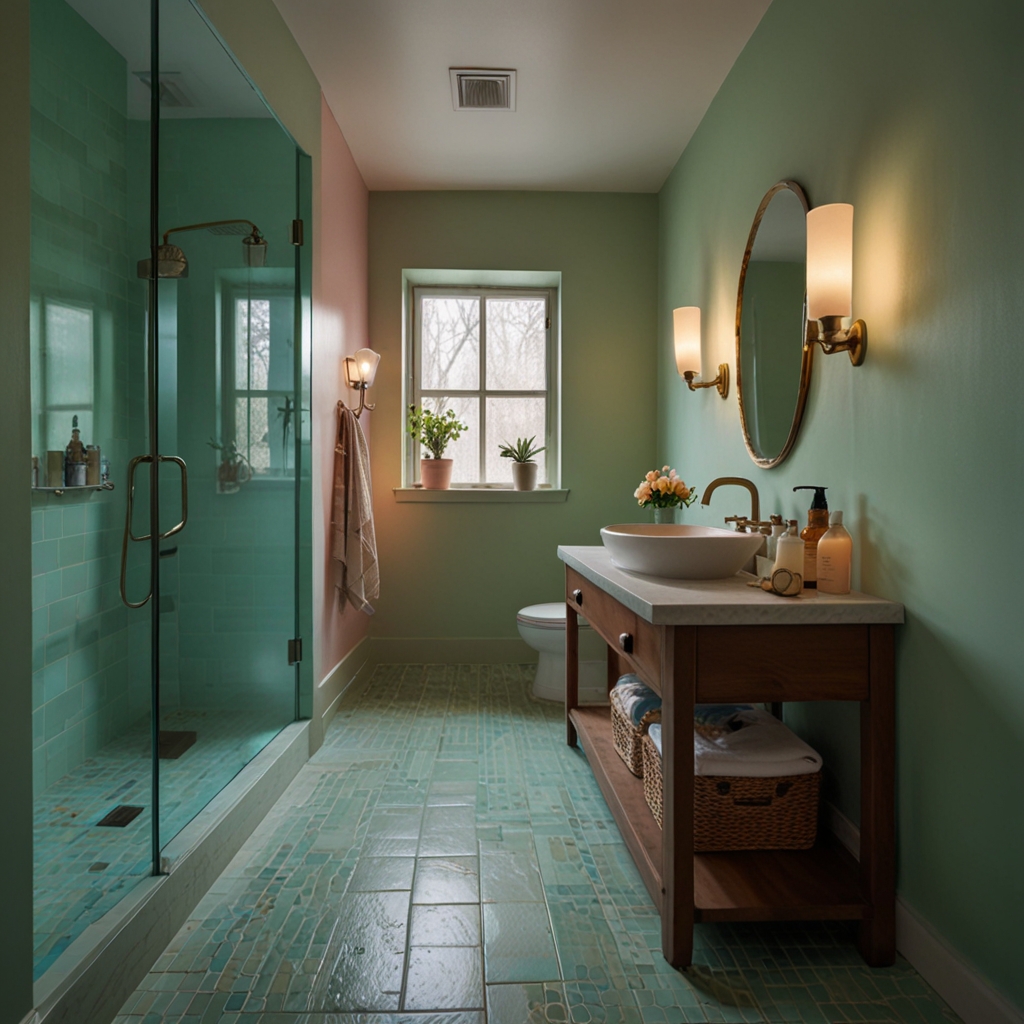 Colorful bottles and plants in a shower nook bring charm to pastel walls. Soft lighting highlights the decor, adding liveliness to this functional space.