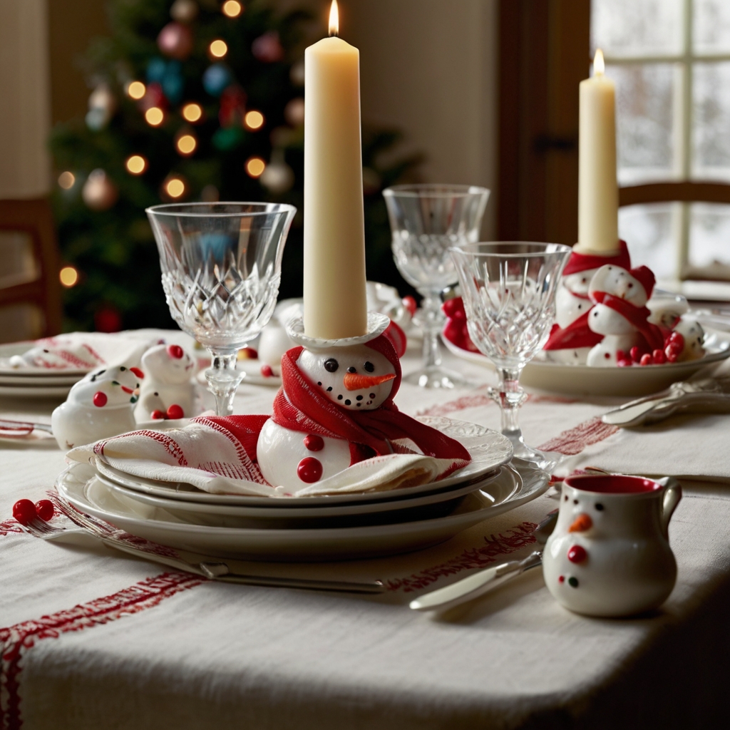 Design a fun, snowy table with snowman-shaped plates and scarf napkins for a festive family-friendly setup.