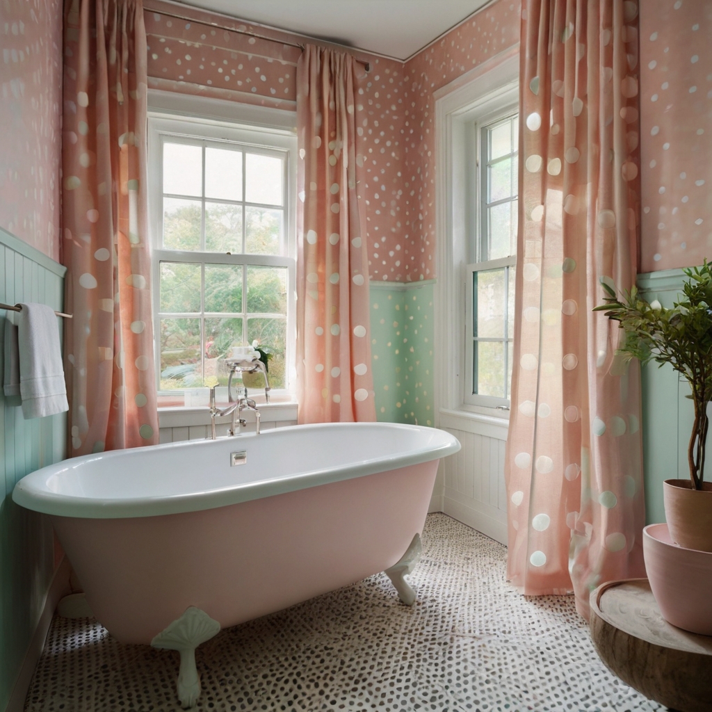 Playful pastel polka dots adorn walls and towels in a bright, girly bathroom. Natural light highlights the cheerful decor, creating a fun, inviting vibe.






