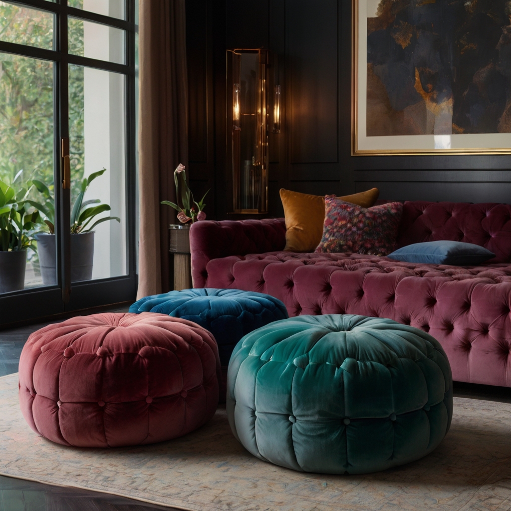 A chic room featuring velvet or knitted poufs in vibrant hues. Warm light casts inviting shadows, highlighting the poufs' luxurious texture and cozy appeal.