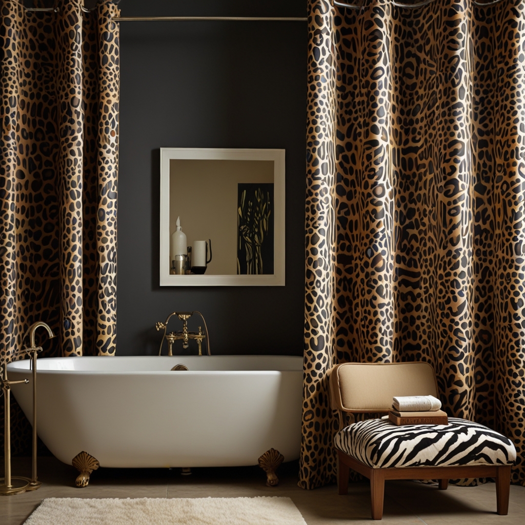 Inject energy and fun into your bathroom with quirky animal print shower curtains. Bold patterns and lively lighting create a playful vibe.