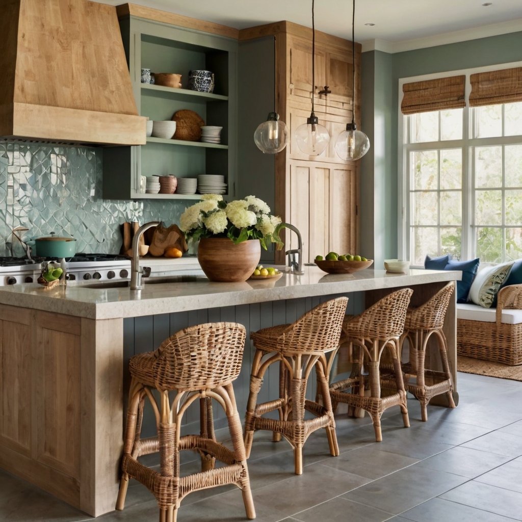 Coastal-inspired rattan or wicker stools bring breezy charm to your kitchen. Add soft sunlight and airy textures for a serene, inviting atmosphere.