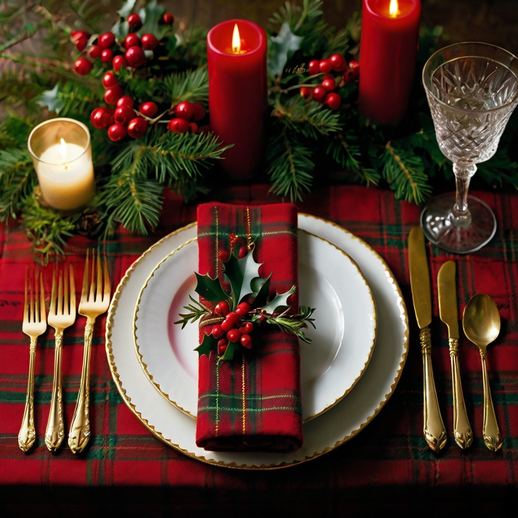 Create a traditional holiday look with vibrant reds, lush greens, and golden accents for a festive Christmas table.