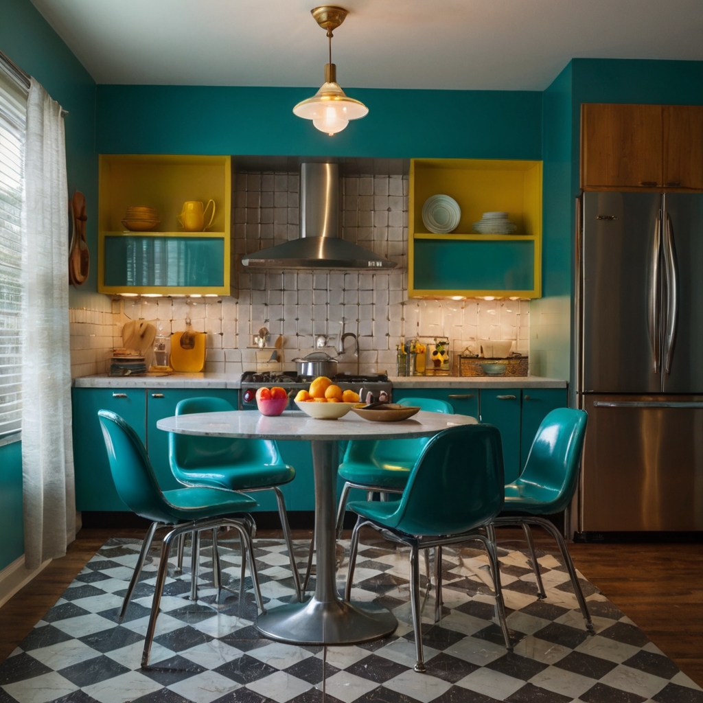 Add playful retro island chairs to your kitchen with curvy shapes and bold colors. Embrace vintage vibes with soft, warm lighting and classic décor.