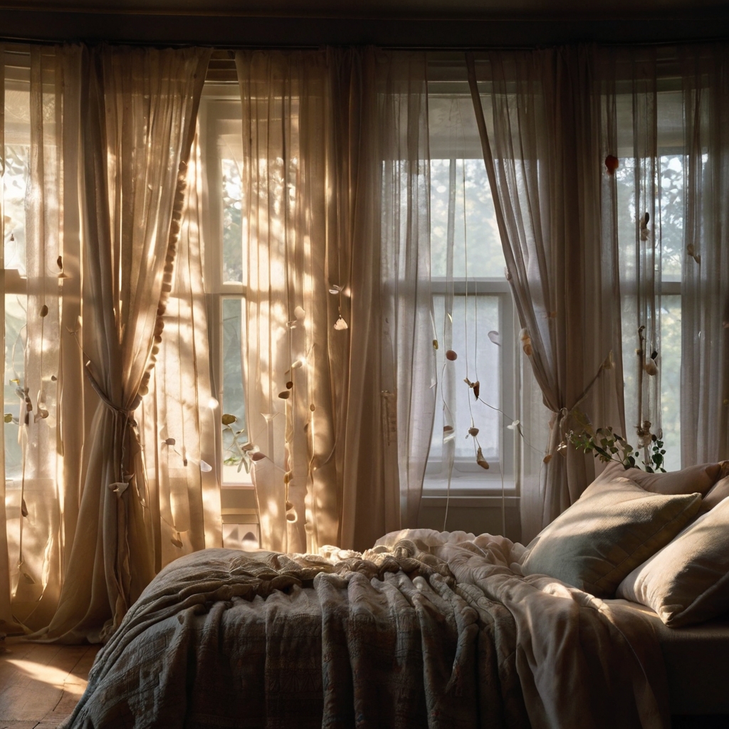 A dreamy bedroom with romantic string drapes gently hanging around the bed. Soft light from a nearby lamp creates an ethereal glow, adding a whimsical touch.