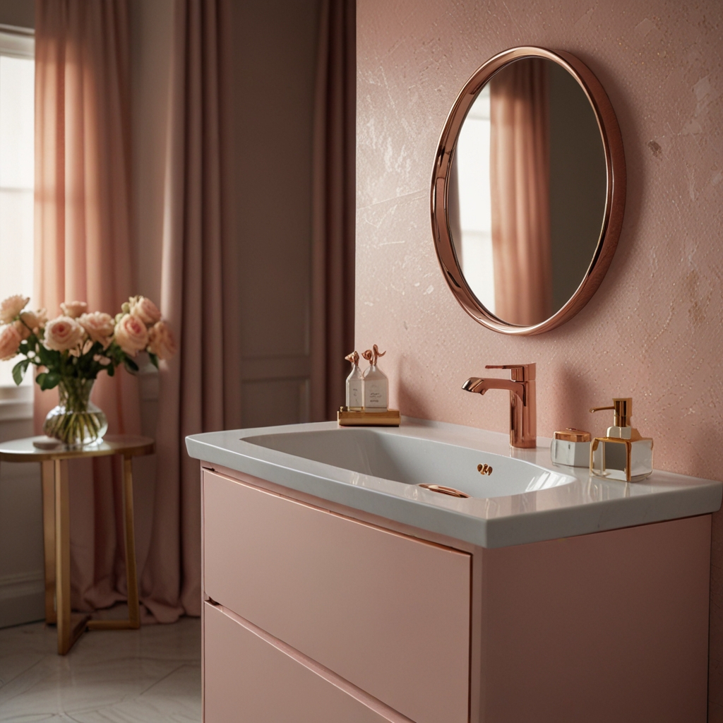 Rose gold accents, from faucets to mirrors, gleam in a blush pink bathroom. Warm lighting and luxurious touches create an elegant, cozy space.