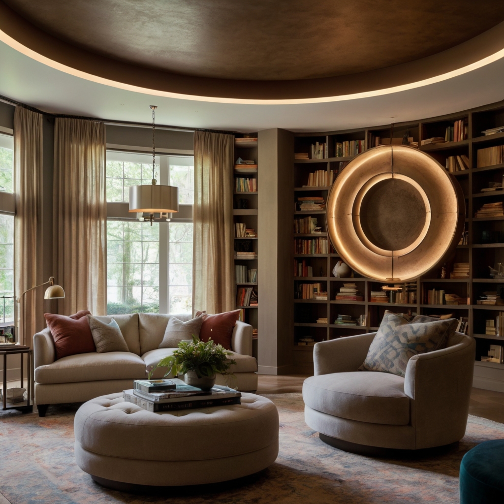 Add playful charisma to your family room with a round bookshelf as the centerpiece. Its unique shape and vibrant decor create a striking focal point. Bring bold design to your space now!