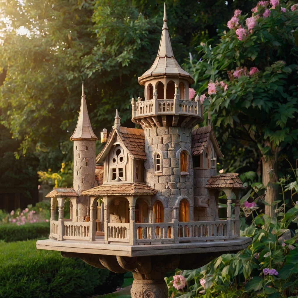 Create a majestic birdhouse resembling a fairy-tale castle, with turrets and ornate details. Set it in a regal garden, with birds perched around, adding life to the royal design.