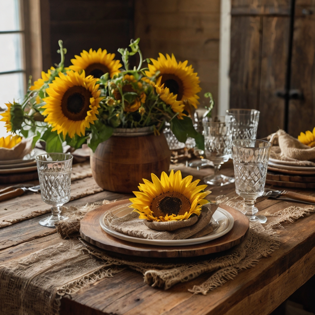 A rustic table featuring wooden chargers, burlap runners, and seasonal flowers. Soft lighting enhances the earthy, cozy ambiance.