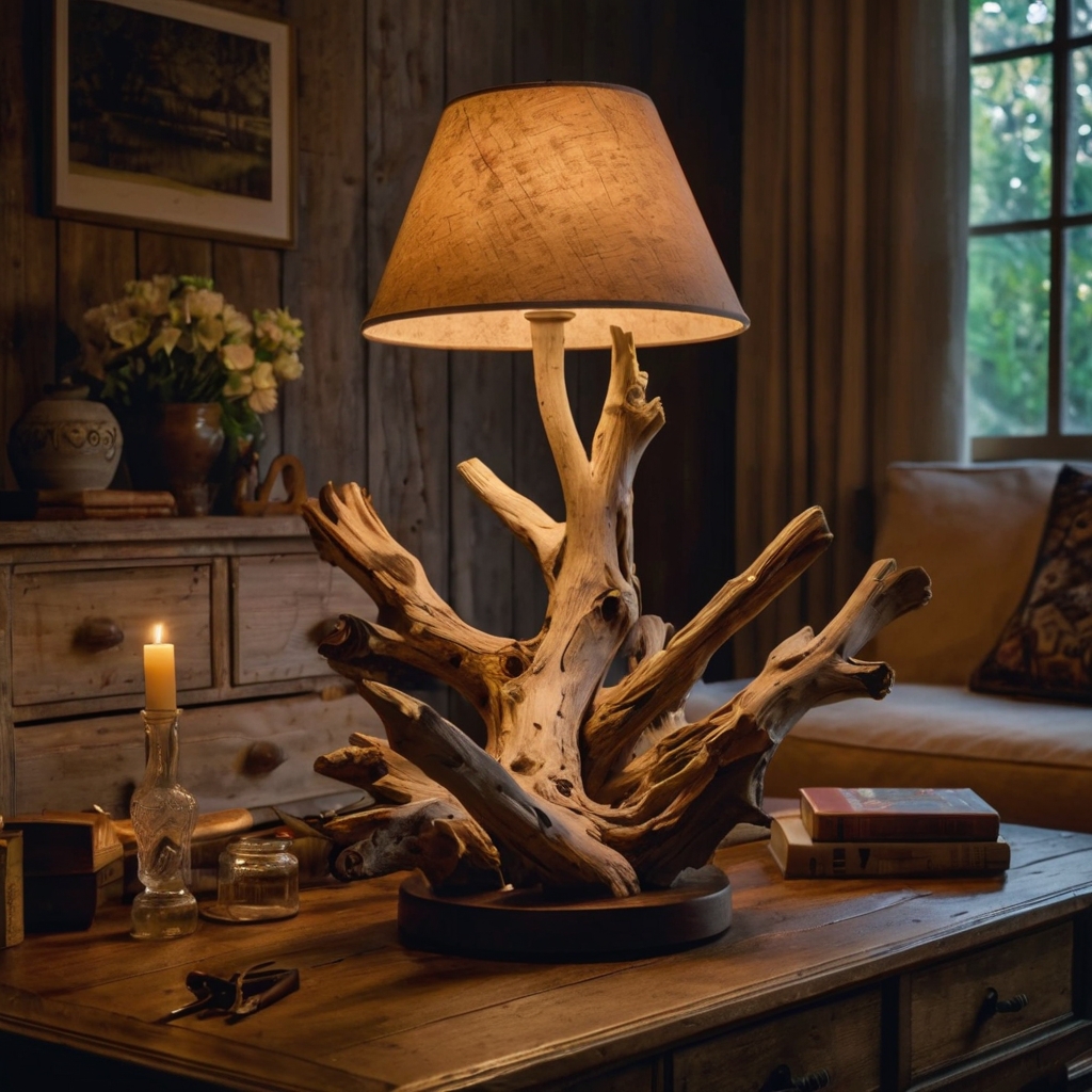 A rustic driftwood lamp with a vintage shade, offering a cozy, inviting glow. Add a timeless touch to any rustic interior.