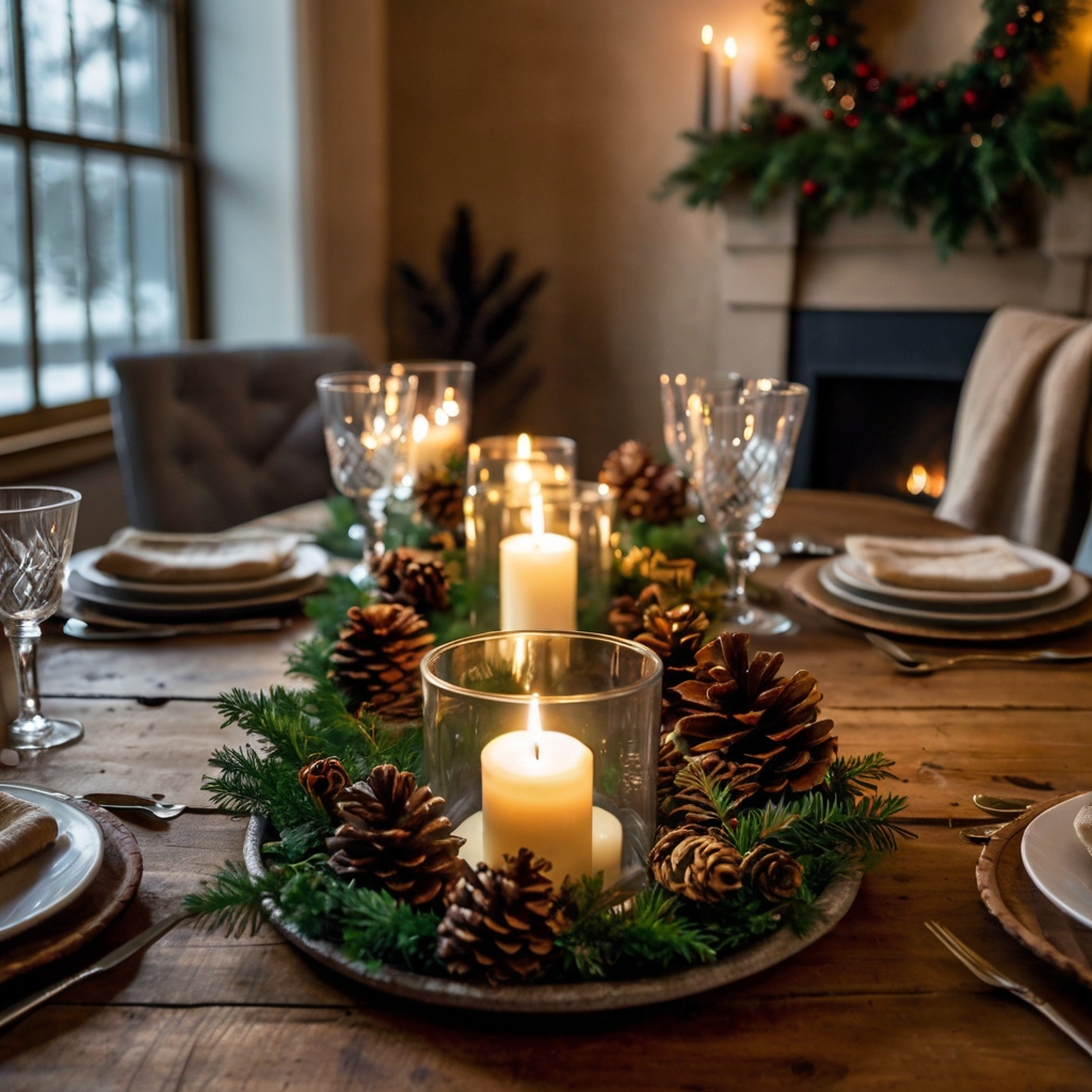 Transform your table with natural wooden slices, pinecones, and soft candlelight for a cozy, welcoming holiday atmosphere.